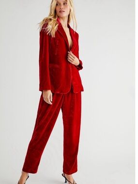 MINKPINK Vibrant Red Velvet Single-Button 2 piece Suit (Blazer and pants)